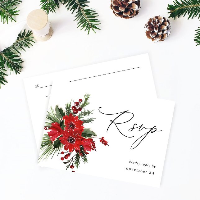 Christmas Berries & Pine Red Floral w Meal RSVP 4 Card (Creator Uploaded)