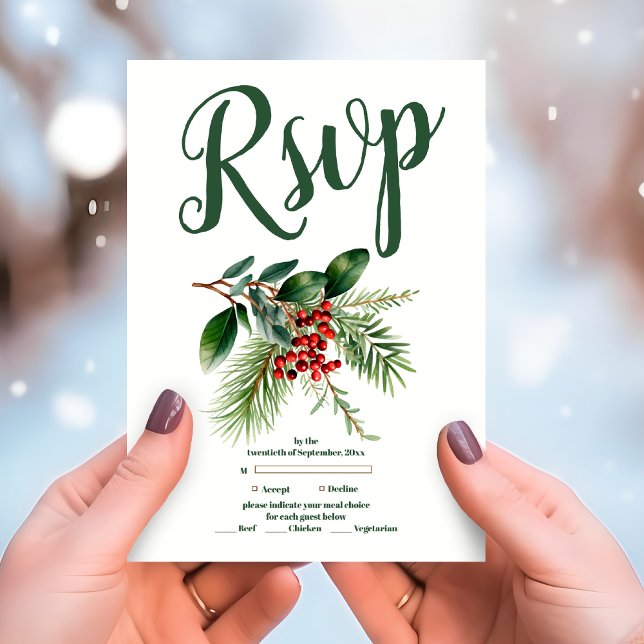 Christmas Berries & Pine Wedding RSVP Card (Creator Uploaded)