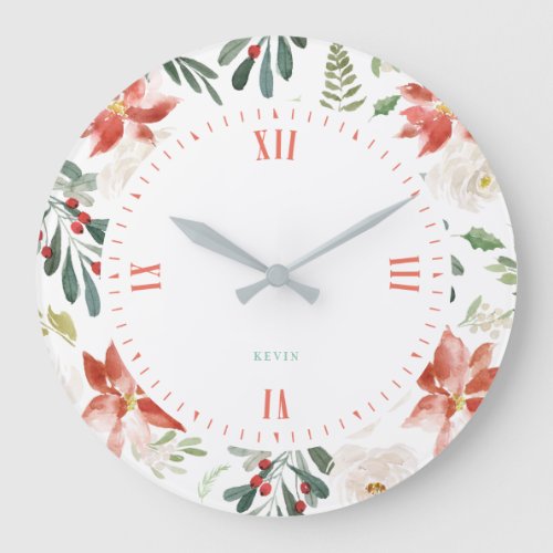 Christmas berries  poinsettia pattern large clock