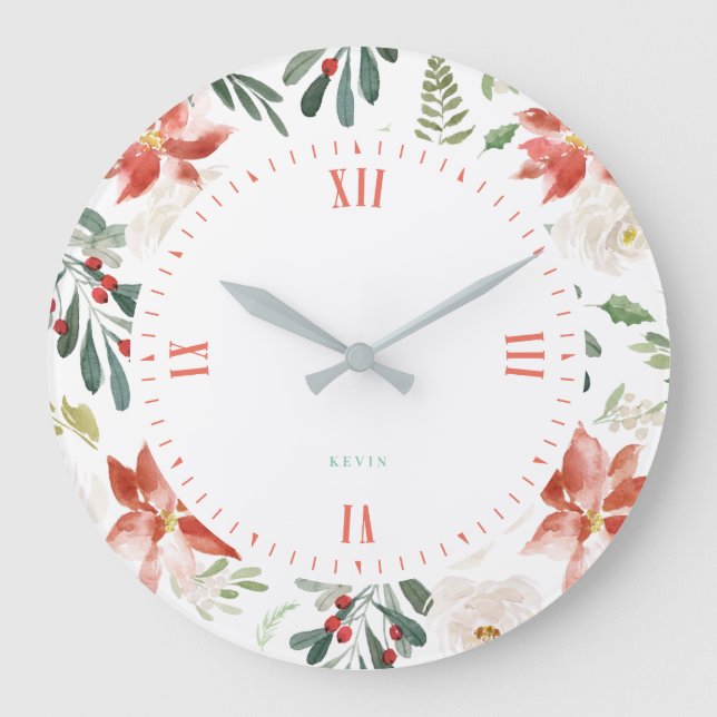 Christmas berries & poinsettia pattern large clock (Front)