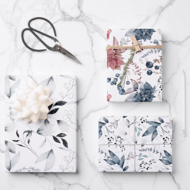 Christmas Berries, Twigs, Leaves and Winter Flower Wrapping Paper Sheets (Front)