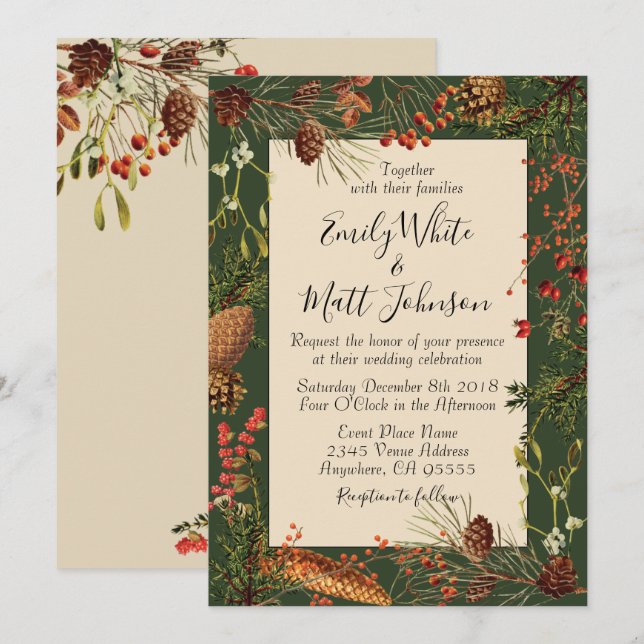 Christmas Berries Wedding Invitation in Green (Front/Back)