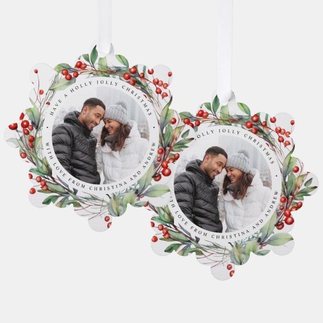 Christmas Berries Wreath Floral Photo Square Ornament Card (Front/Back)