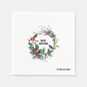 Christmas Berries Wreath Merry Christmas Typograph Napkins