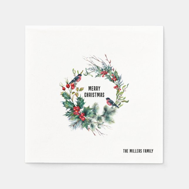 Christmas Berries Wreath Merry Christmas Typograph Napkins (Front)