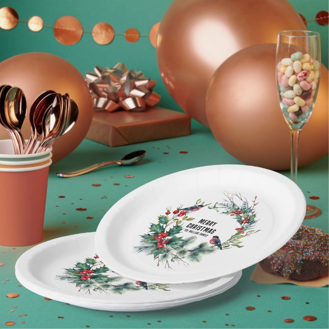Christmas Berries Wreath Merry Christmas Typograph Paper Plates (Multi)