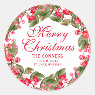Christmas Berries Wreath Return Address Classic Round Sticker