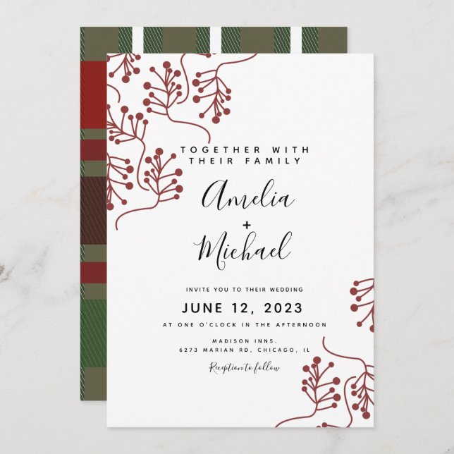 Christmas Berry and Plaid Botanical Wedding Invitation (Front/Back)