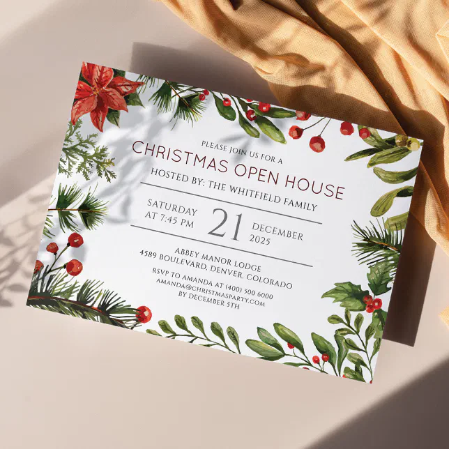 Christmas Berry Mistletoe Holiday Open House Invitation Postcard | Zazzle