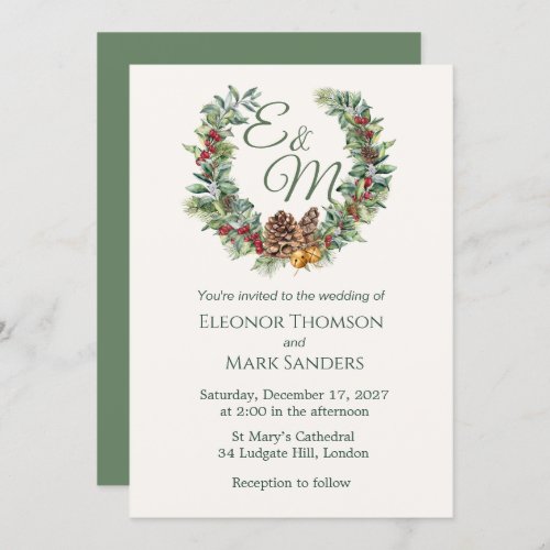 Christmas berry pine wreath monogram Wedding Invitation