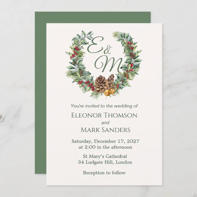 Christmas berry, pine wreath monogram Wedding Invitation | Zazzle