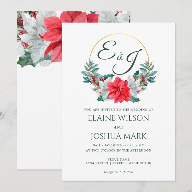 Christmas Berry Poinsettia Wreath Monogram Wedding Invitation (Front/Back)