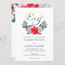 Christmas Berry Poinsettia Wreath Monogram Wedding Invitation