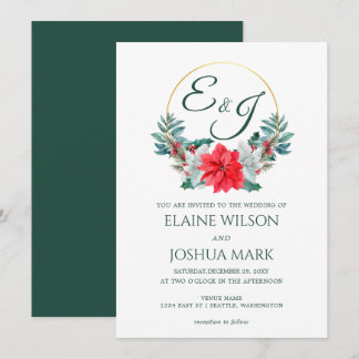 Christmas Berry Poinsettia Wreath Monogram Wedding Invitation