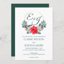 Christmas Berry Poinsettia Wreath Monogram Wedding Invitation