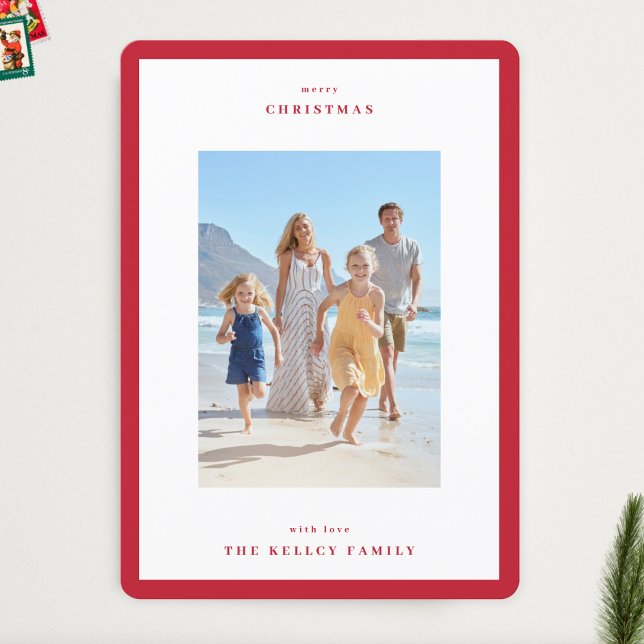 Christmas Berry Red Modern Frame 3 Photo Holiday Card (Creator Uploaded)