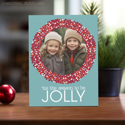 Christmas Berry Wreath _ 1 Photo Blue Red Holiday Postcard