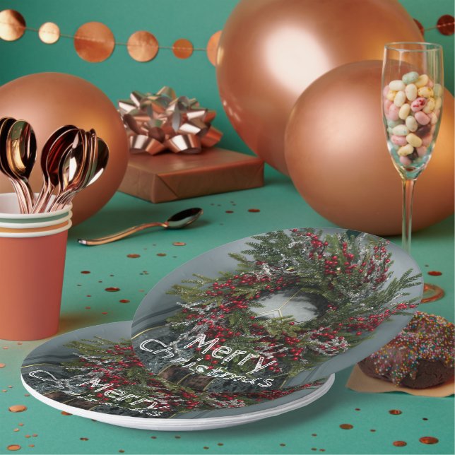 Christmas Berry Wreath on Door  Paper Plates (Multi)