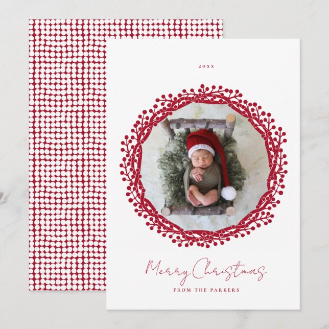 Christmas berry wreath photo card (Front/Back)