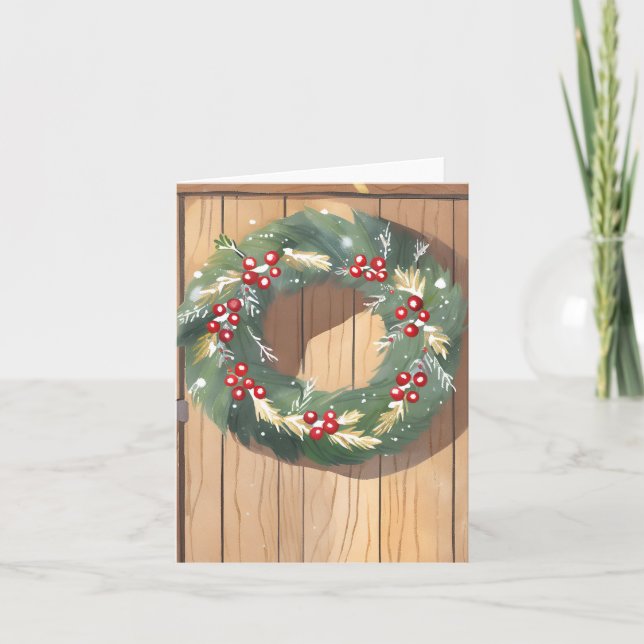 Christmas Berry Wreath | Watercolor Rustic Merry Holiday Card (Front)
