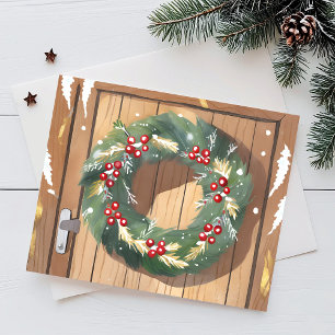 Christmas Berry Wreath Watercolor Rustic Merry Holiday Postcard