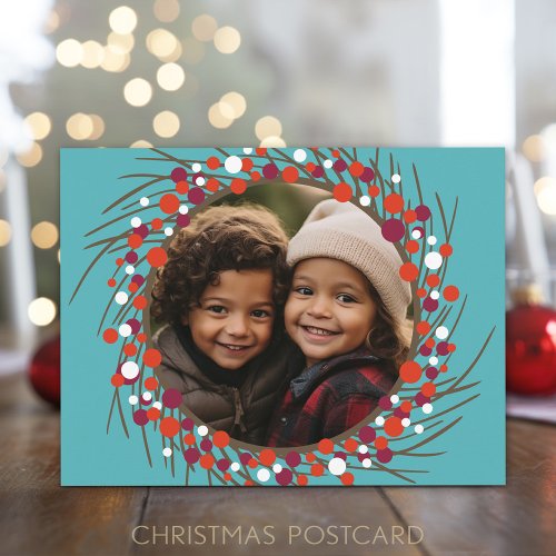 Christmas Berry Wreath with Circle Photo Holiday Postcard