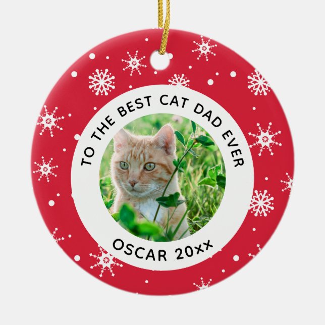 Christmas Best Cat Dad Ever Pet Photo Ceramic Ornament (Front)