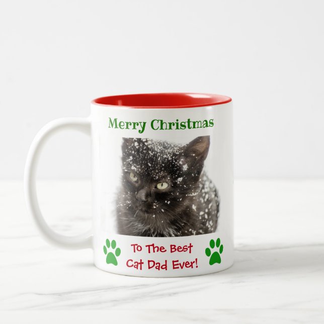 Christmas Best Cat Dad Ever Pet Photo Two-Tone Coffee Mug (Left)
