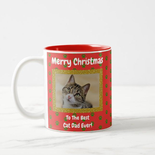 Christmas Best Cat Dad Ever Pet Photo Two-Tone Coffee Mug (Left)
