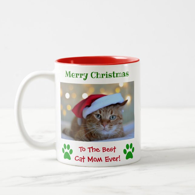 Christmas Best Cat Mom Ever Pet Photo Two-Tone Coffee Mug (Left)