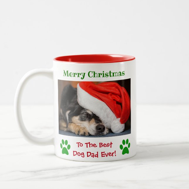 Christmas Best Dog Dad Ever Pet Photo Two-Tone Coffee Mug (Left)