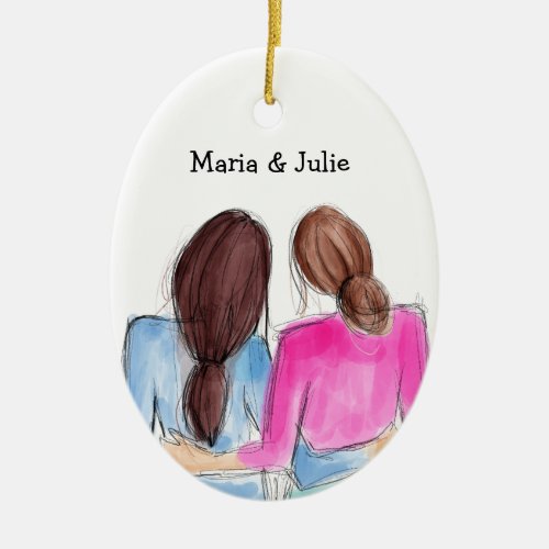 Christmas Best Friend Gift Two brunette girls Ceramic Ornament