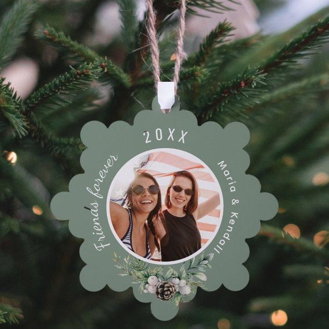 Christmas best friends photo sage green cone pine ornament card (Creator Uploaded)