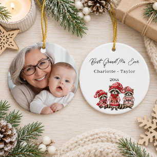Christmas Best GrandMa Raccoons Watercolor Photo Ceramic Ornament