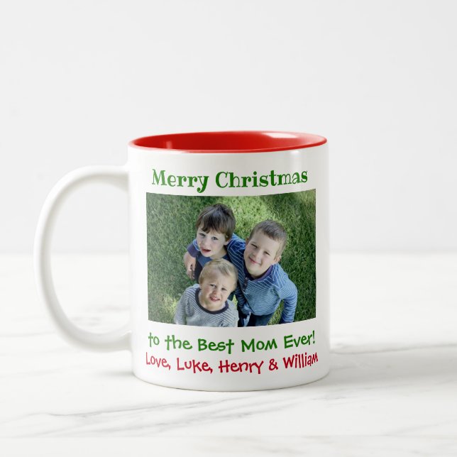 Christmas Best Mom Ever Kids Photo Simple Two-Tone Coffee Mug (Left)