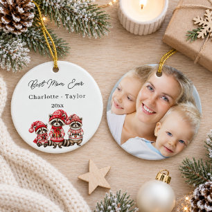 Christmas Best Mom Raccoons Watercolor Photo Ceramic Ornament