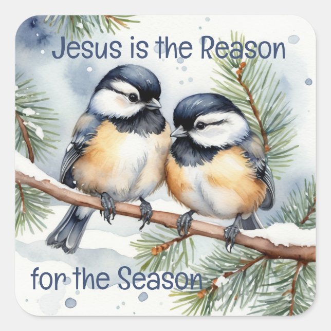 Christmas Bible Quote Cute Chickadee Birds Square Sticker (Front)