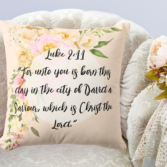 Christmas Bible Verse Jesus Luke 2 Floral Wreath  Throw Pillow (Christmas Verse Luke 2:11)