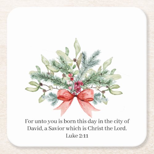Christmas Bible Verse Watercolor Greenery Floral Square Paper Coaster