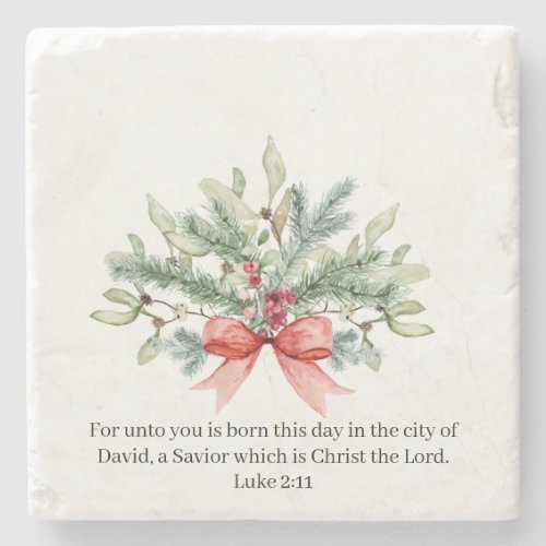 Christmas Bible Verse Watercolor Greenery Holiday Stone Coaster