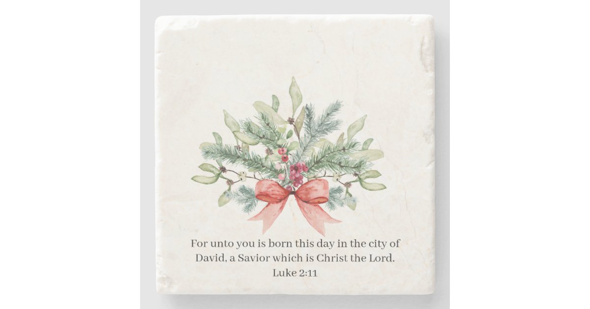 Christmas Bible Verse Watercolor Greenery Holiday Stone Coaster