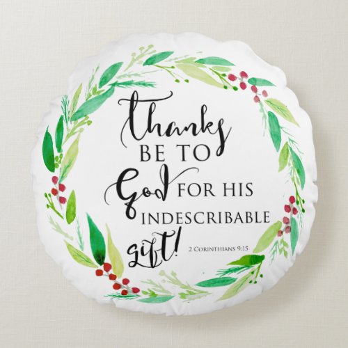 Christmas Bible Verse Watercolor Wreath Lettering Round Pillow