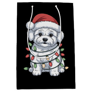 Christmas Bichon Frise Dog Santa Hat Xmas Lights Medium Gift Bag