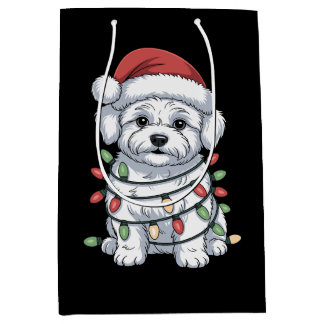 Christmas Bichon Frise Dog Santa Hat Xmas Lights Medium Gift Bag