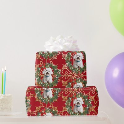 Christmas Bichon Frise On Red Snowflake Background Wrapping Paper