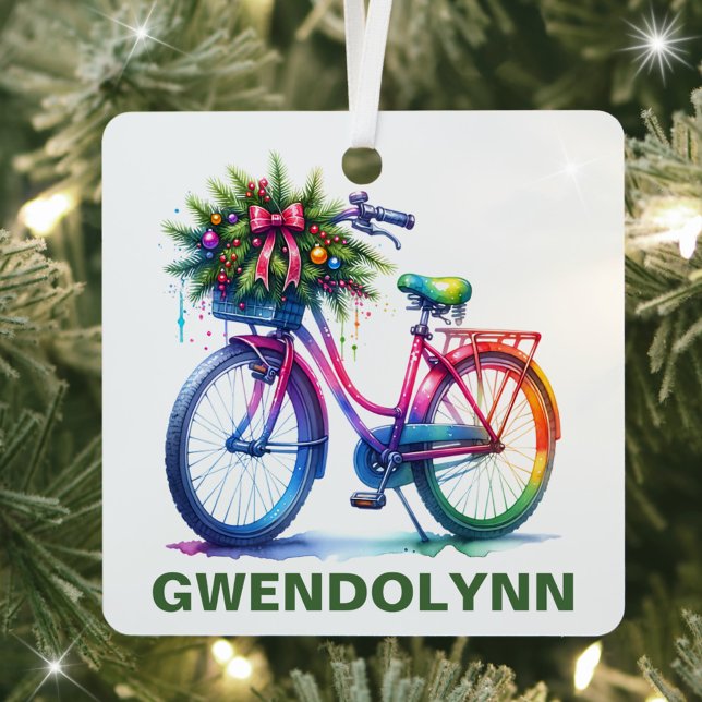 Christmas Bicycle Lover Custom Name Metal Ornament (Creator Uploaded)