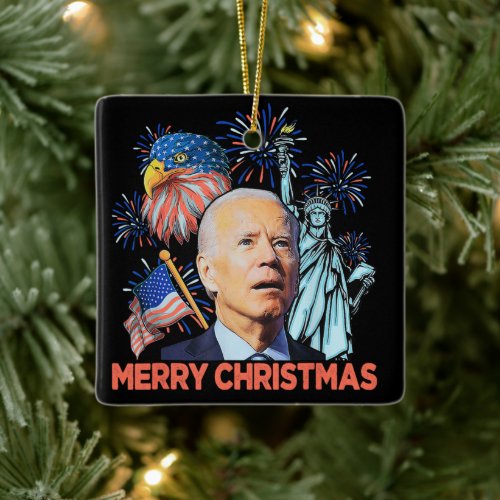 Christmas Biden Funny Joe Biden Confused Xmas Ceramic Ornament