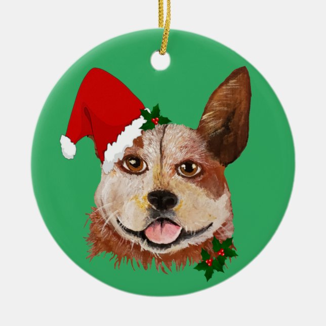 Christmas Big Eyes Green Cattle Dog Santa Hat Ceramic Ornament (Front)