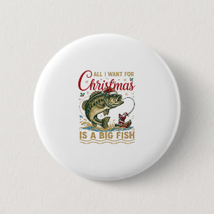 Christmas Big Fish Bass Santa Boat Fishing Button