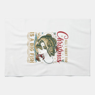 Christmas Big Fish Bass Santa Boat Fishing Kitchen Towel